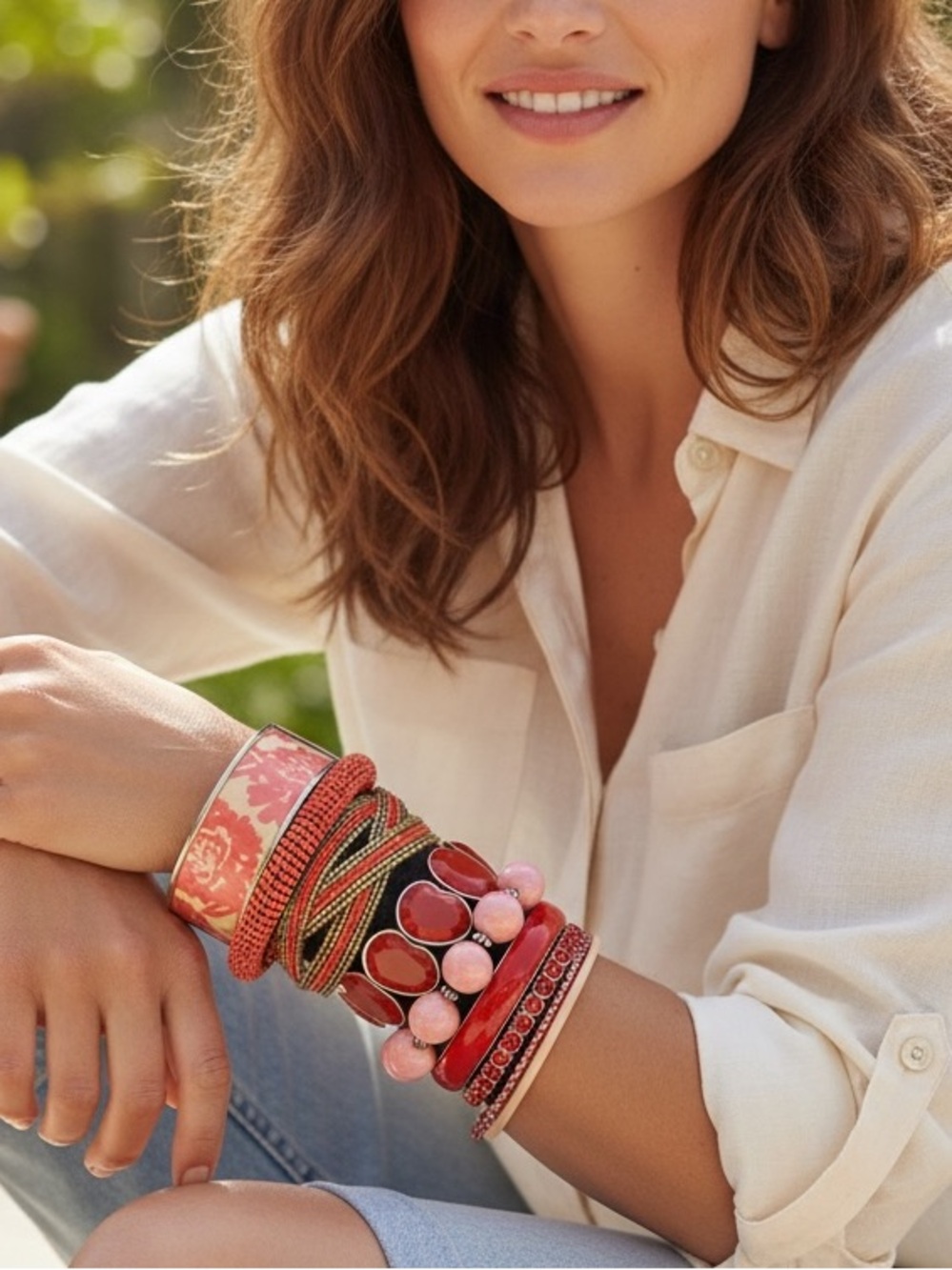 Boho Beaded Stackable Bracelet Set Red Coral Pink Floral Cuff Bangle Lot - Picture 5 of 8
